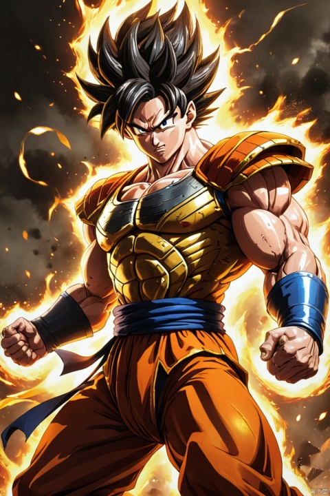 illustration,dragon ball,figure,Wukong,vegnette,robust,Saiyan,fighting,energy beam,Action packed,史诗般的fighting,martial arts,Explosive force level,flight,gas explosion,Transformation,Characteristic hairstyle,muscular,otherworldly existence,fantasy,venture,superhuman strength,Supernatural abilities,angry,Axia,Namexians,robot,fighting championship,galactic conquest,cosmic threat,evil villain,The ultimate warrior,Orbital energy attack,dynamic poses,rich and colorful,shining,eye-catching,high-energy,Explosive effect,Orin Temple,dragon balls,deformation,interesting,good and evil,Teamwork,loyalty,destiny,immortal,lasting legacy,A symbol of power,The spirit of never giving up,Heroes who save the earth,larger than life,Legend,Engaging narrative,Fast-paced,Rapid heartbeat,universe-altering ventures,Dream of becoming the strongest warrior, (best quality, perfect masterpiece, Representative work, official art, Professional, high details, Ultra intricate detailed:1.3)