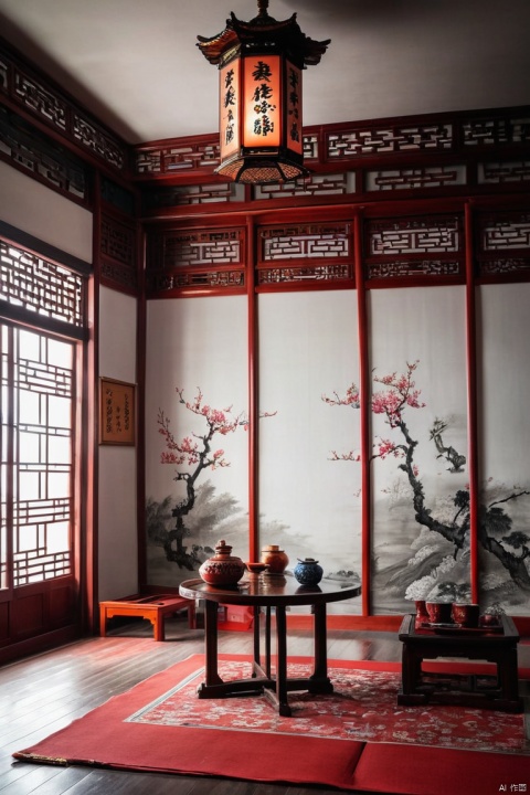 Tyndall Effect, chinese style room, indoor, Capture the ethereal light and shadow in a stunning photograph with selective color details, revealing the hidden poetry of everyday objects, (masterpiece, best quality, perfect composition, very aesthetic, absurdres, ultra-detailed, intricate details, Professional, official art, Representative work:1.3)
