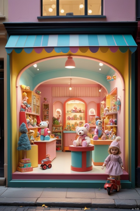 whimsical toy store window display, with vibrant toys and decorative elements,meticulously crafted and beautifully arranged,brimming with life and excitement,toys of all shapes and sizes, including dolls, teddy bears, cars, and building blocks,all made of high-quality materials, with intricate details and realistic features,the toys carefully posed and arranged to create an engaging and enchanting scene,with soft and warm lighting illuminating the display,making the toys appear even more inviting and appealing,a variety of textures, from smooth and shiny to soft and plush, adding depth and tactile appeal,the display capturing the essence of childhood joy and imagination,a playful and immersive scene that sparks curiosity and wonder,best quality, high-resolution image capturing every detail and color accurately,a combination of vivid and pastel colors, creating a cheerful and inviting atmosphere,with a touch of nostalgia and whimsy,in a comfortable and inviting environment, reminiscent of stepping into a magical toy wonderland, (best quality, masterpiece, Representative work, official art, Professional, unity 8k wallpaper:1.3)