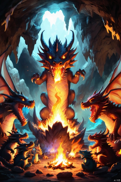 A group of cute dragon surrounded a bonfire in the cave, one telling  story while the others listened attentively, Mythical Legend, panoramic view, Ultra high saturation, (best quality, masterpiece, Representative work, official art, Professional, 8k)