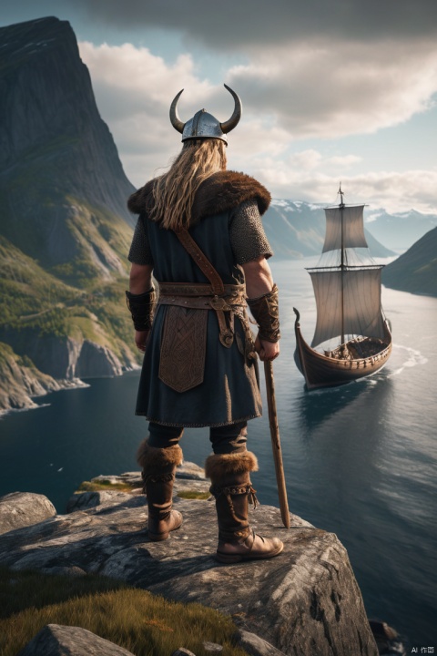 A fierce Viking warrior, (in traditional Viking attire:1.4), stands atop a rocky cliff overlooking the (northern Scandinavian fjords:1.05), with a (longship:1.2) moored in the foreground, dramatic lighting, photorealism, cinematic, 8K sharp focus, Unreal Engine 5, (masterpiece, best quality, perfect composition, very aesthetic, absurdres, ultra-detailed, intricate details, Professional, official art, Representative work:1.3)