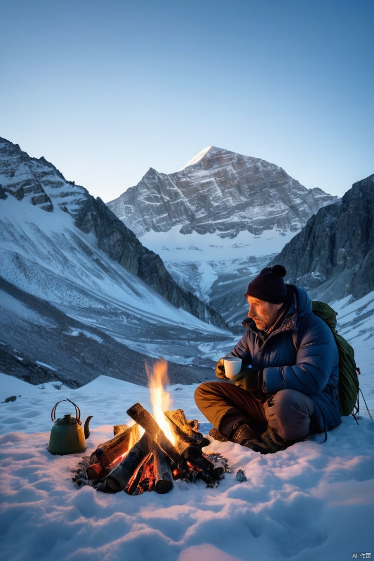 A striking photo capturing a man camping on a snowy mountain range. The man is seen sitting outside his tent, wrapped in a warm coat, drinking hot coffee. The campfire behind him has been extinguished, leaving only the remnants of burnt wood. The snow-capped mountains stretch into the distance, juxtaposed with the deep blue sky. The scene is bathed in natural light, casting a serene and peaceful atmosphere, photo, (masterpiece, best quality, perfect composition, very aesthetic, absurdres, ultra-detailed, intricate details, Professional, official art, Representative work:1.3)