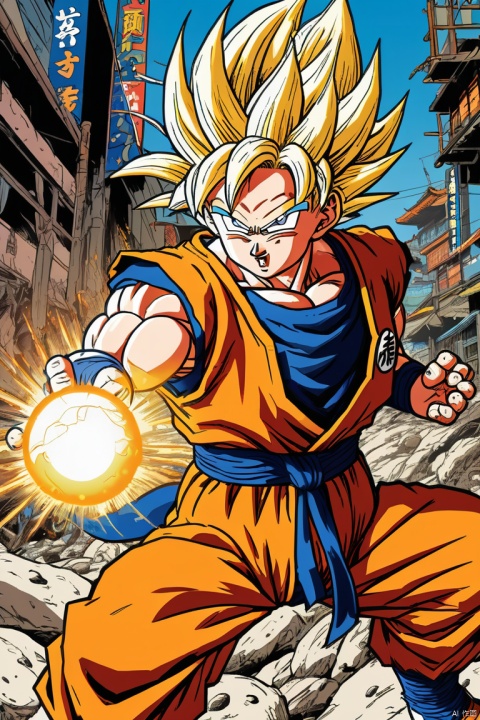 dragonball in comic book style, vibrant comic book colors, dynamic action shot, dynamic composition, detailed line work, (best quality, perfect masterpiece, byyue, Representative work, official art, Professional, high details, Ultra intricate detailed:1.3)