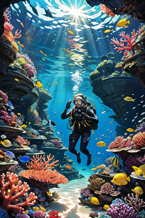 underwater, deep blue sea, diver in scuba gear, diving helmet, oxygen tank, vibrant coral reef, colorful tropical fish, rays of sunlight, gentle water currents, mesmerizing reflections, serene atmosphere, professional photography, stunning artwork, (masterpiece, best quality, perfect composition, very aesthetic, absurdres, ultra-detailed, intricate details, Professional, official art, Representative work:1.3)