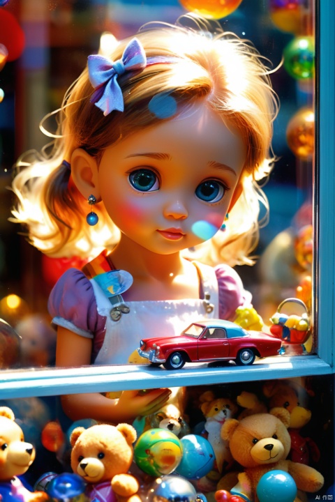 Girl Peeking Through Toy Store Window, Curiosity Full facial expressions, sparkling eyes, adorable smiles, flowing locks, playful gestures, soft sunlight streaming through the windows, vibrant colors, scenes filled with toys, magical atmosphere, and meticulously rendered details. , vividly painted toys, perfect shading, exquisite attention to texture, intricate dollhouses and miniature carousels, cute stuffed animals, delicate porcelain figurines, realistic teddy bears, sparkling glass balls, shimmering metal robots, sparkles Model planes and cars, playful reflections in glass, reflections of a girl's charm and wonder, childhood innocence and joy, imagination and dreams come to life. A colorful expression of life, traditional yet modern, quirky and nostalgic, the joys of childhood, (best quality, masterpiece, Representative work, official art, Professional, unity 8k wallpaper:1.3)