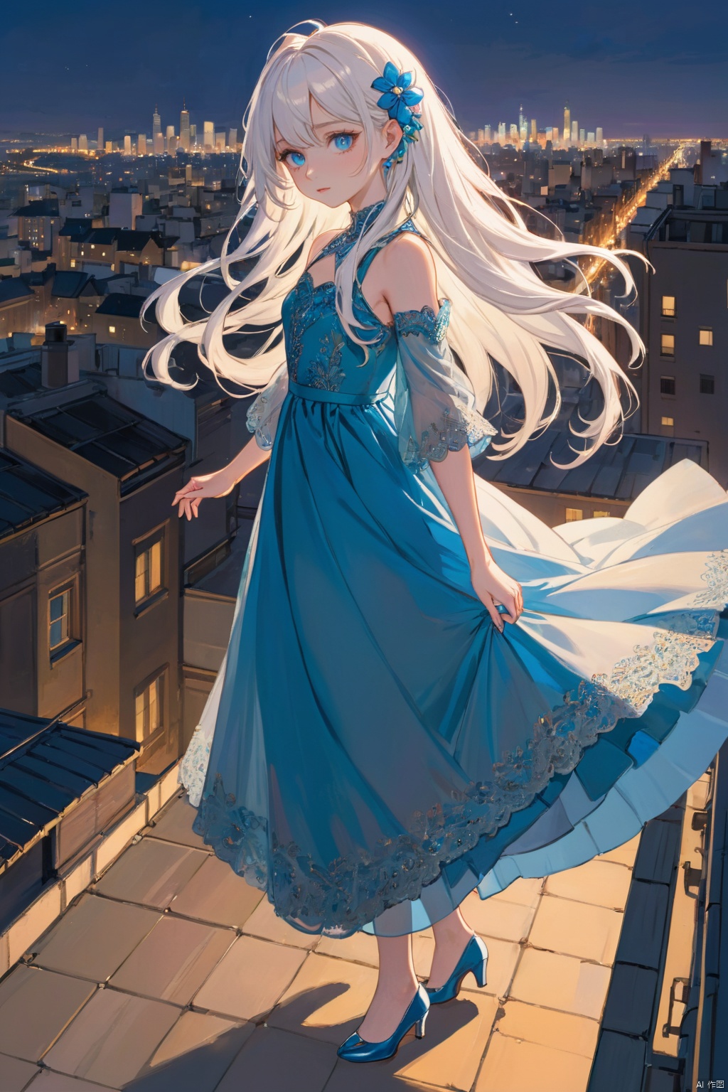 floating, High Saturation, Looking down from above, 1 Girl, white hair, blue eyes, Very long hair, Hair accessories, Standing on the Rooftop, Gorgeous evening dress, Delicate shoes, Hair swaying gently in the wind, Amazing city view in the background, romantic atmosphere, (masterpiece, best quality, perfect composition, very aesthetic, absurdres, ultra-detailed, intricate details, Professional, official art, Representative work:1.3)