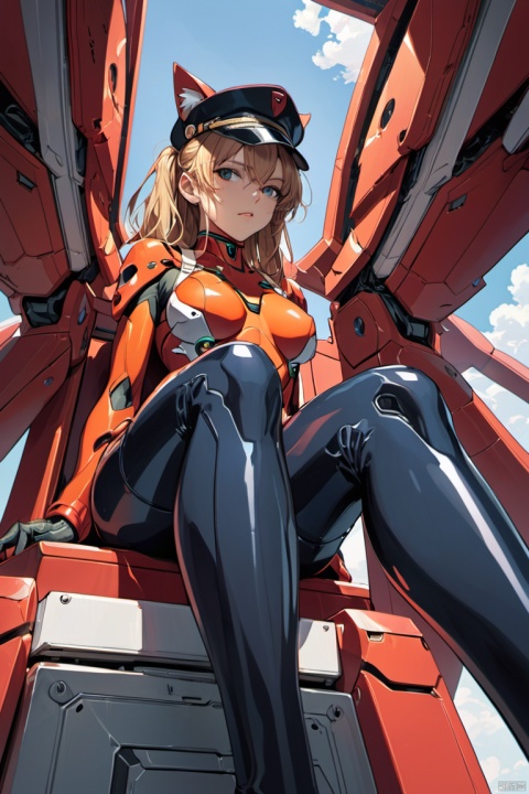 1girl, souryuu asuka langley, neon genesis evangelion, rebuild of evangelion, lance of longinus, cat hat, plugsuit, pilot suit, red bodysuit, sitting, crossed legs, black eye patch, throne, looking down, from bottom, looking at viewer, outdoors, (masterpiece, best quality, perfect composition, very aesthetic, absurdres, ultra-detailed, intricate details, Professional, Representative work, official art:1.3)
