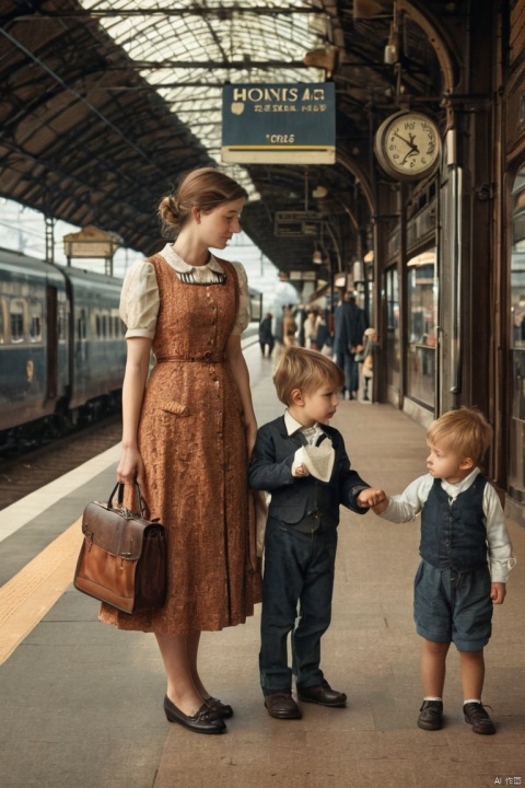 love story, mother and children, Train Station, (masterpiece, best quality, perfect composition, very aesthetic, absurdres, ultra-detailed, intricate details, Professional, official art, Representative work:1.3)