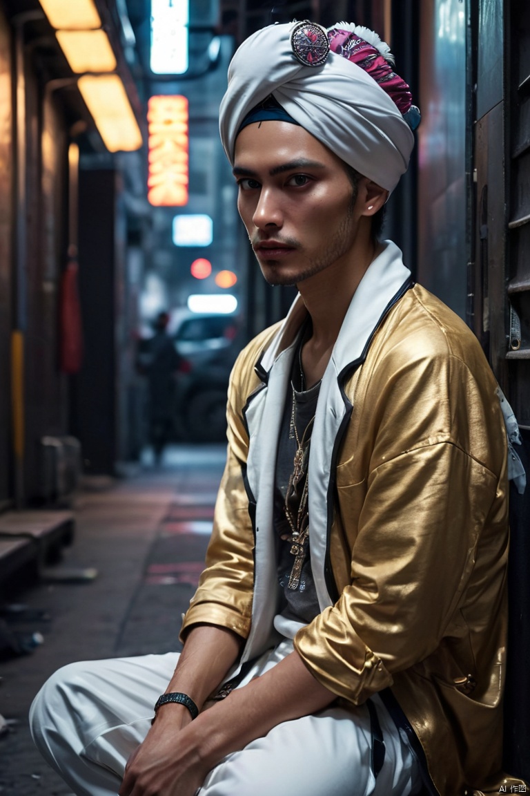 there is a man wearing a turban sitting on the ground, wearing urban clothing street wear and a turban, steven klein, in a cyberpunk setting, inspired by Nikolaj Abraham Abildgaard, in cyberpunk, beautiful androgynous prince, style of seb mckinnon, androgyny, in cyberpunk style, delicate androgynous prince, in style of kar wai wong, jean deville, (best quality, masterpiece, Representative work, official art, Professional, Ultra intricate detailed, 8k:1.3), light master, Face Score