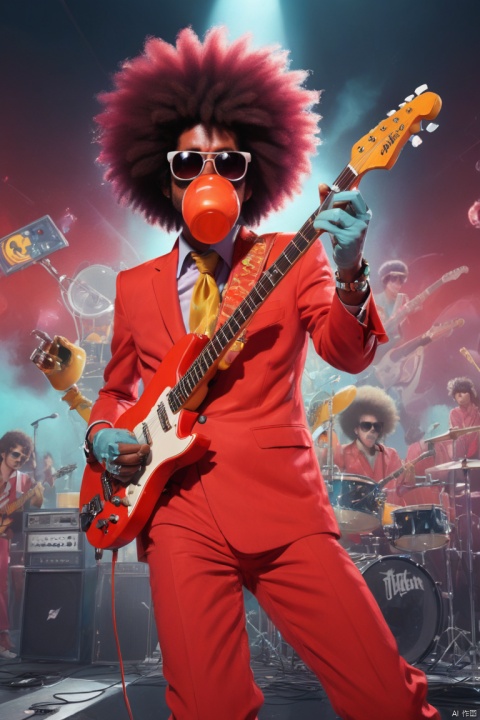 a dragon playing electric guitar, Wearing red suit, wearing sunglasses, afro Hairstyle, dynamic pose, Energetic performance, holding a microphone, Large collection of electronic band instruments, rock concert background, Anime from the 70s and 80s, a blunt splice of elements like Arizona iced tea and Fiji water, the distortion and color cast effects of old picture tube televisions, panoramic view, Ultra high saturation, (best quality, masterpiece, Representative work, official art, Professional, 8k)