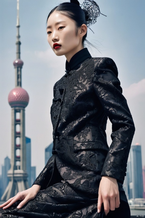 Step into the dream, 1girl, Lovely Chinese high fashion model wearing Yohji Yamamoto avant-garde version of the Zhongshan suit,This low-angle shot by V Magazine against the futuristic Shanghai skyline showcases the visionary aesthetic of Pierre et Gilles,Beautiful face,UHD, anatomically correct, textured skin, (masterpiece, best quality, perfect composition, very aesthetic, absurdres, ultra-detailed, intricate details, Professional, official art, Representative work:1.3)