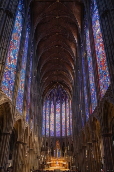 a massive stained glass art decoration of a cosmic cathedral, unknown artist, cosmic theme, (tyndall effect, visible ray of light penetrating through the cathedral interior), view from below, majestic, perfect illustration, anime realism, (best quality, masterpiece, Representative work, official art, Professional, Ultra intricate detailed, 8k:1.3)