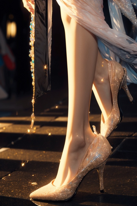 1girl, sheer skirt, masterpiece, best quality, Official art, (photorealistic:1.3), Sparkle, close-up, trendy, Street, Night Light, looking at viewer, necklace, earrings, High-Heels, solo, extremely detailed, CG unity 8k wallpaper