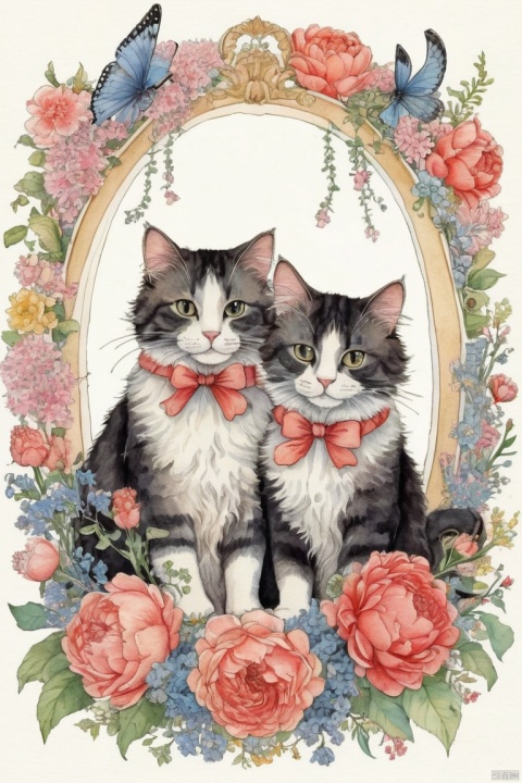 A couple of cats holding a bouquet, Fluffy cat, cute,Adorable,fun,happiness,,Flower Hair Ornaments,Stylish scenery,Anatomically correct,all the best,,Little cat,The cutest cat,Fantasy,Randolph Caldecott Style,Awareness-raising,Watercolor,Decorative frame,Fancy,Sparkling,Wide range of colors,Gentle colors, (masterpiece, best quality, perfect composition, very aesthetic, absurdres, ultra-detailed, intricate details, Professional, official art, Representative work:1.3)