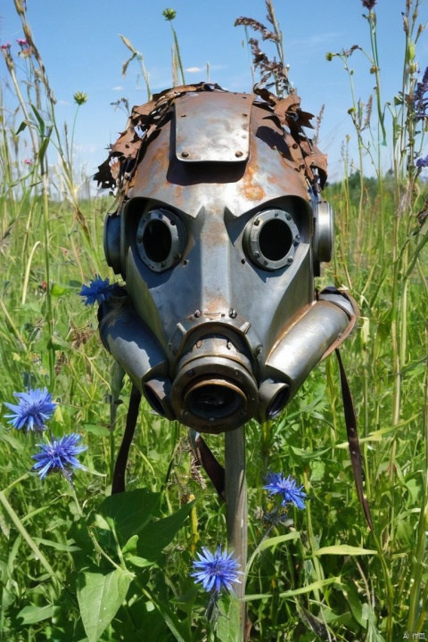 Steel Brotherhood power armor mask from "Fallout", rusted, broken with a pierced eyecup, embedded in tall grass, Almost hidden in the grass, overgrown with bindweed. A cornflower flower grew through the hole. butterflies. entwined by bindweed, cornflower sprouting through the hole, floating above, (best quality, masterpiece, Representative work, official art, Professional, Ultra intricate detailed, 8k:1.3)