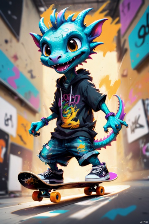 Cute dragon cub on skateboard, Hip hop fashion clothes, scribble art, Dynamic energy, visual impact, Grunge style, panoramic, Ultra high saturation, (Motion Blur), (best composition), (best quality, masterpiece, Representative work, official art, Professional, 8k)