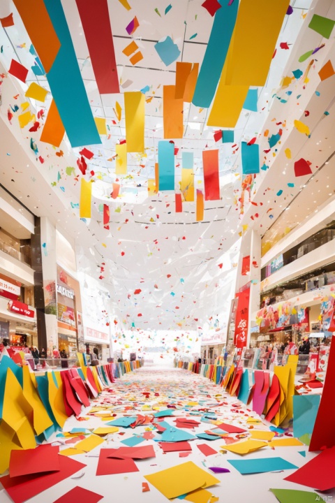 Large scale promotional activities in shopping malls. At the event, colorful paper scraps were scattered and customers were shopping, creating a joyful atmosphere, panoramic view, Ultra high saturation, (best quality, masterpiece, Representative work, official art, Professional, 8k)