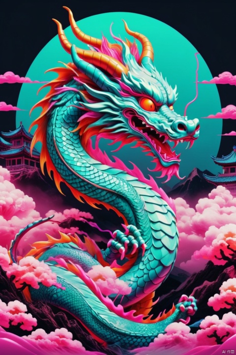 chinese dragon, Vaporwave Aesthetic, retro elements, logo "New", (best quality, masterpiece, 8k)