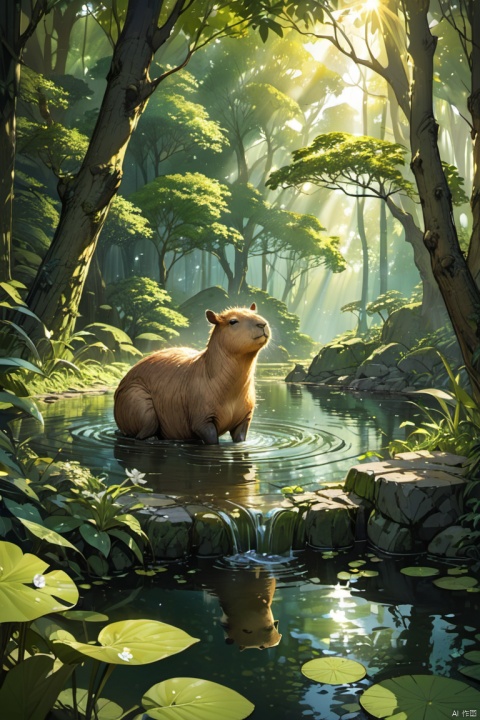 painting of a playful, adorable chibi capybara is enjoying a relaxing bath in a beautiful pond, surrounded by vibrant yuzu slices that float on the water's surface. The capybara's tiny, round body is covered in soft, fluffy fur, and it wears a small smile as it splashes around. The background of the scene is a serene, green forest with rays of sunlight filtering through the trees, casting a soft glow on the water, (masterpiece, best quality, perfect composition, very aesthetic, absurdres, ultra-detailed, intricate details, Professional, official art, Representative work:1.3)