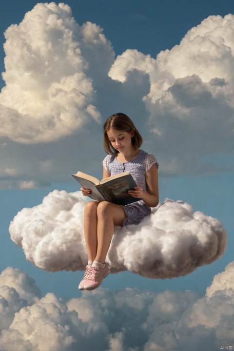A young girl at 20s sitting on a piece of cloud in the sky, reading a book, (best quality, masterpiece, Representative work, official art, Professional, Ultra intricate detailed, 8k:1.3)