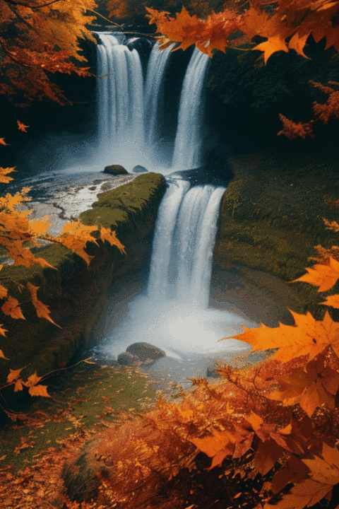 red orange gold autumn leaves drifting falling from the sky, waterfall, enhance, intricate, (best quality, masterpiece, Representative work, official art, Professional, unity 8k wallpaper:1.3)