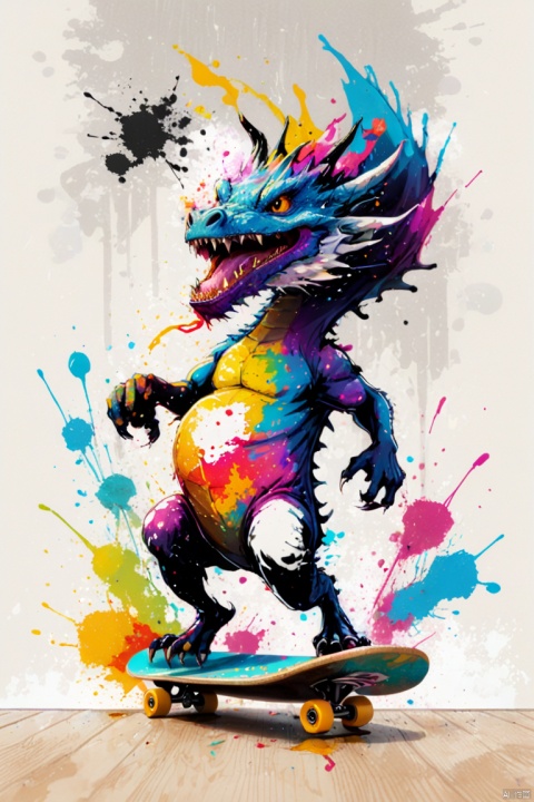 Cute dragon running on skateboard, scribble art, ink splatter, splash ink painting, colorful, Vague dreams, Dynamic energy, visual impact, Grunge style, Hip hop fashion design style, panoramic, Ultra high saturation, (best quality, masterpiece, Representative work, official art, Professional, 8k)