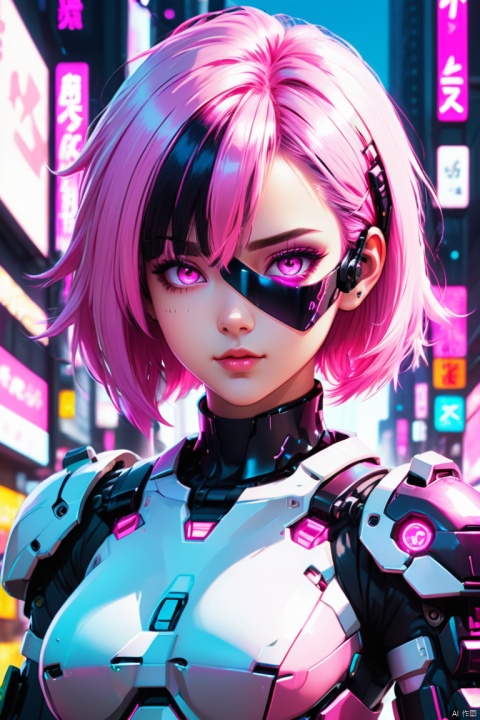 anime artwork lucy \(cyberpunk\), anime artwork of monochrome portrait of a girl \(cyberpunk, mecha\), Pink parted short hair, pink eyes, full body, (panoramic, Ultra high saturation, bright and vivid colors), (best quality, masterpiece, Representative work, official art, Professional, 8k)