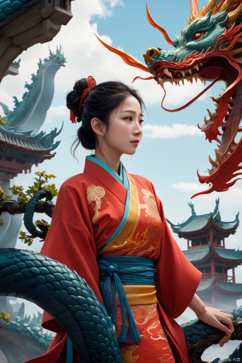 A red girl wearing thin gauze,in a light and flowing outfit intertwined with a dragon,Create a distinct 3D visualization of a miniature Chinese dragon,full of characters and characters,lively in a transitional setting The backlog should be brief,having a clear blue sky or soft clouds,to keep the focus on the dragon's reliable design The dragon itself should have feature realistic textures and a lifestyle,engaging expression,captured in a way that showcases its magnetic,mythical nature in a heartbeat,invading Manner, looking at the camera,(pore:1.2),asia,ultimate details, enhance, intricate, (best quality, masterpiece, Representative work, official art, Professional, unity 8k wallpaper:1.3)