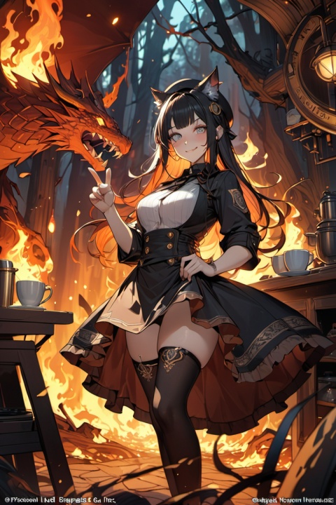 steampunk, wolf girl, barista, wide eyes, smug, blunt bangs, goggles, robe, beret, dragon horns, finger gun, skirt lift, theater, Volumetric Lighting, ((burning forest)), spark, light leaks, burning sky, flame, flames burning around, (flying sparks), (masterpiece, best quality, perfect composition, very aesthetic, absurdres, ultra-detailed, intricate details, Professional, official art, Representative work:1.3), Dream Homes