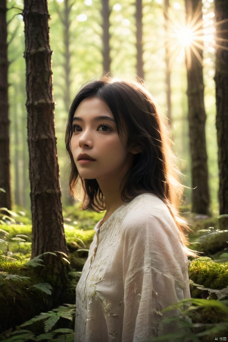 A girl walking through a forest with trees casting rays of light, depicting the Tyndall Effect. The girl has a sense of wonder and awe on her face as she admires the magical atmosphere. The sunlight filters through the leaves, creating a soft, ethereal glow. The forest is dense with tall, majestic trees, and the ground is covered with a carpet of lush green moss and wildflowers. The girl's eyes are expressive and detailed, capturing her curiosity and appreciation for nature. Her lips are soft and slightly parted, as if she is about to say something in amazement. The scene is rendered in a photorealistic style, with sharp focus and vibrant, vivid colors. The lighting is carefully crafted to enhance the magical ambiance, with sunbeams illuminating the scene and creating a sense of depth. ultra-detailed textures. The Tyndall Effect is showcased prominently, with the rays of sunlight scattering and revealing the beauty of the forest, (best quality, masterpiece, Representative work, official art, Professional, Ultra intricate detailed, 8k:1.3), light master, Face Score