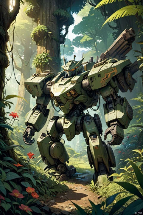 mech head,(half buried)in the ground,(in)the middle of,(a)lush rainforest,(abandoned,damaged)mech,(massive)defense unit with,(detailed)machinery,(remnants)of the old empire,(vibrant)scenery,(nature,plants)in abundance,(bright)green foliage,(colorful,tropical)flowers,(dazzling)sunlight filtering through the canopy,(majestic)trees reaching towards the sky,(glimpses)of wildlife hiding in the undergrowth,(birds)chirping and (insects)buzzing in the background,(serene)atmosphere,(fresh)air filled with the (fragrance)of wet earth and plants,(harmony)between man-made technology and the natural surroundingysterious)and (forgotten)history,(highres)image quality,(photo-realistic)details,(exquisite)textures,(intense)depth of field,(rich)color palette,(soft, warm)natural lighting,(atmospheric)fog adding a touch of mystery, (best quality, masterpiece, Representative work, official art, Professional, Ultra intricate detailed, 8k:1.3)