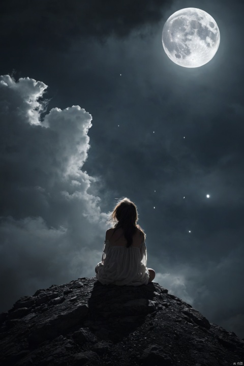 a person sitting on top of a mountain under a cloudy sky, surreal tears from the moon, realistic fantasy photography, reaching towards the heavens, the moon behind her, surrounded in clouds and light, in darkness, over the horizon, expansive view, within radiate connection, humid evening, by Karl Matzek, detailed dreamscape, inspired by Lee Jeffries, (masterpiece, best quality, perfect composition, very aesthetic, absurdres, ultra-detailed, intricate details, Professional, official art, Representative work:1.3)