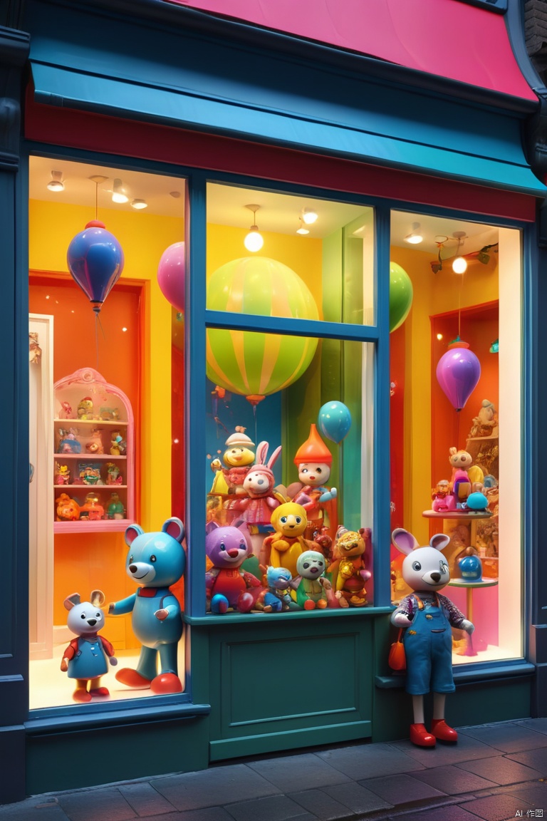 In the enchanting world of a toy store window display, a delightful array of whimsical characters and colorful playthings come to life, octane render, enhance, intricate, HDR, UHD, (best quality, masterpiece, Representative work, official art, Professional, 8k wallpaper:1.3)