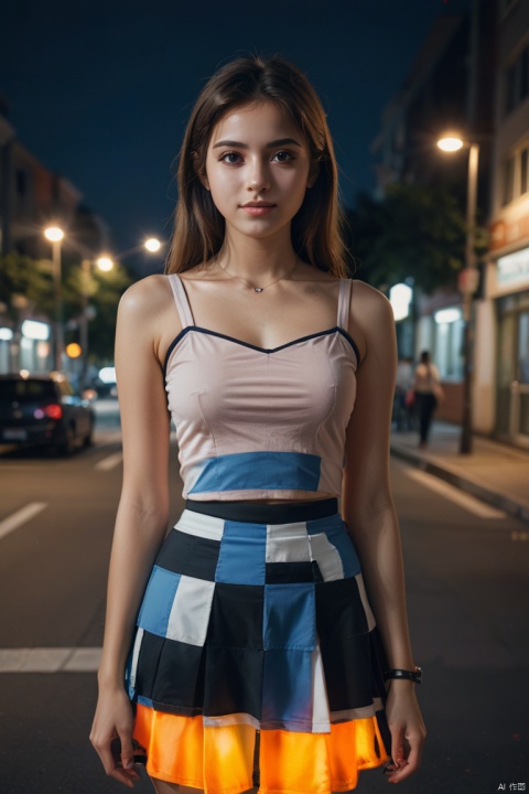 35mm photo of female college student at crossroads, by ciloranko, summer night, happy, fashionable clothing, short skirts, youth, beauty, (High detail, photograph, realistic), (best quality, masterpiece, Representative work, official art, Professional, 8k:1.3)