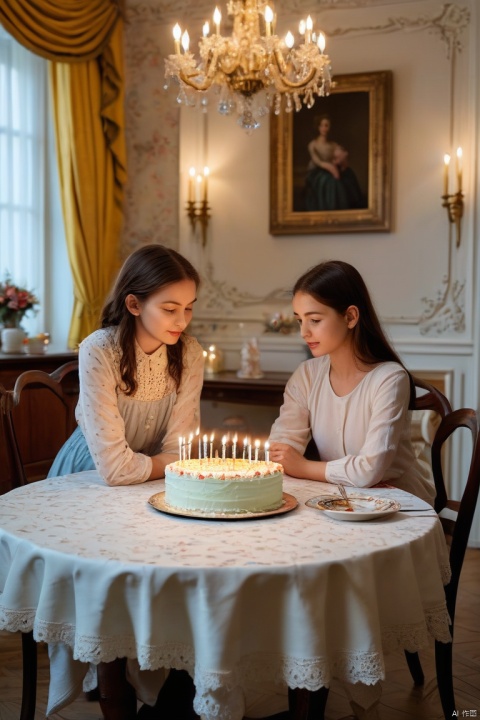 Mother and daughter, table with only one birthday cake, one candle, rudimentary room, (masterpiece, best quality, perfect composition, very aesthetic, absurdres, ultra-detailed, intricate details, Professional, official art, Representative work:1.3)