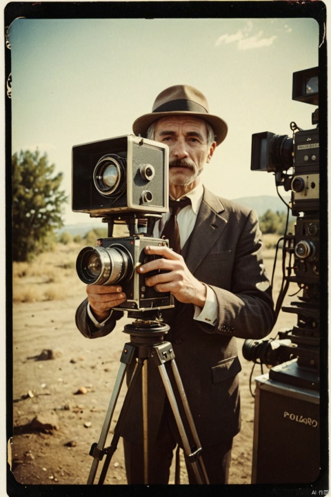 (found footage), polaroid photo of a Mechanical Puppet as movie director, holding panavision camera, warm tones, perfect landscape, (best quality, masterpiece, Representative work, official art, Professional, Ultra intricate detailed, 8k:1.3)