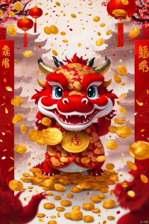 Chinese New Year, dragon mascot, Tang suit, gold coins, red envelopes, New Year greeting, confetti, strong festive atmosphere, panoramic view, Ultra high saturation, (best quality, masterpiece, Representative work, official art, Professional, 8k)