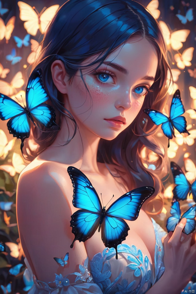 Blue Butterfly, by Brandon Woelfel and Manuel Fernández García, (masterpiece, best quality, perfect composition, very aesthetic, absurdres, ultra-detailed, intricate details, Professional, official art, Representative work:1.3)