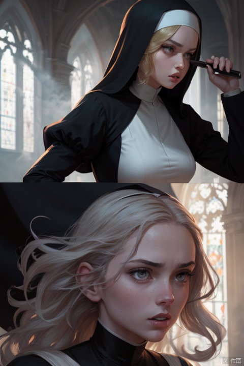 Nun, church, anime realistic, expressive eyes,detailed hair,wavy hair,flowing lines,shading techniques,dynamic poses,action scenes,background illustration,detailed costumes,fantasy world,magical elements,strong emotions,vibrant characters,light and shadow contrast,dramatic lighting,elegant composition,beautiful artistry,stylized characters,nostalgic atmosphere,brush strokes,contrast in values,precise linework,depth and perspective,comic book style,lively facial expressions,unique character designs,captivating storytelling, (masterpiece, best quality, perfect composition, very aesthetic, absurdres, ultra-detailed, intricate details, Professional, official art, Representative work:1.3), mj