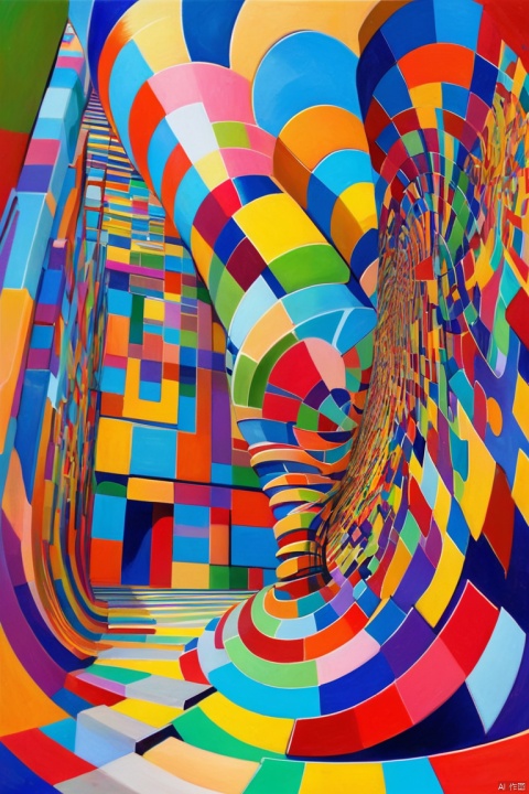 (Visual illusion), Inception, a repeating or spiral shape that moves or changes, or perspective-distorted images that distort perception of depth and space, These images appear to be moving, straight lines are curved, A painting of a man walking up a wooden staircase, Colorful geometric design, bright colors, Inspired by Tomek Setovsky, psychedelic architecture, bright colors of the Kirian and Penrose stairs Planar Surrealism, Biomorphic Temple, Paul Lehr and Mi Chong, master of abstract surrealism, inspired by killian, double contact, intricate, (best quality, masterpiece, Representative work, official art, Professional, 8k)
