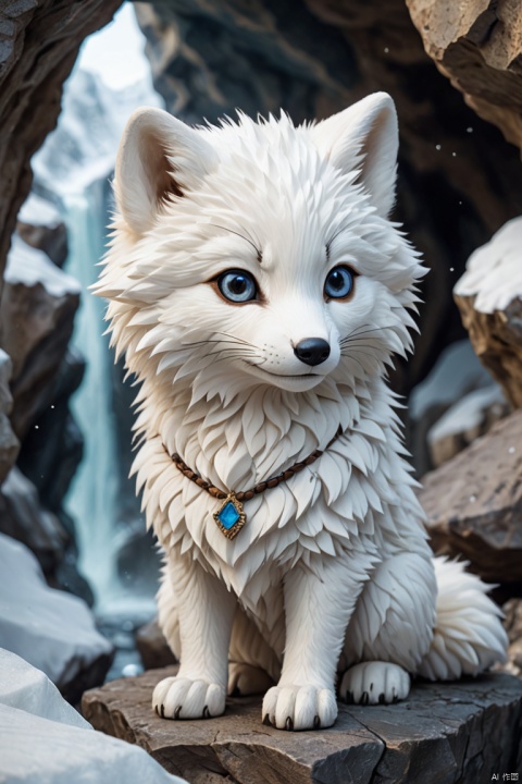 A cute chibi white arctic fox made of dvr-stnd wearing animal pelts, ice stone cave background, (best quality, masterpiece, Representative work, official art, Professional, Ultra intricate detailed, 8k:1.3)