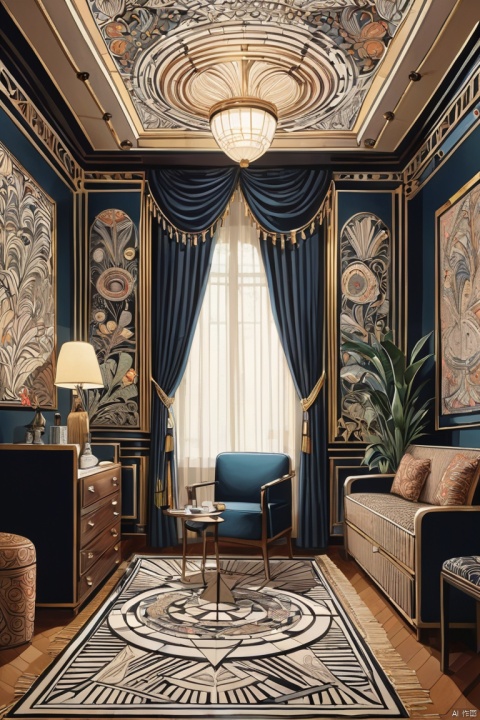Art Deco, zentagle, room, Exquisite decoration, neat and tidy, sort, indoor, realism, detailed background, (masterpiece, best quality, perfect composition, very aesthetic, absurdres, ultra-detailed, intricate details, Professional, official art, Representative work:1.3)