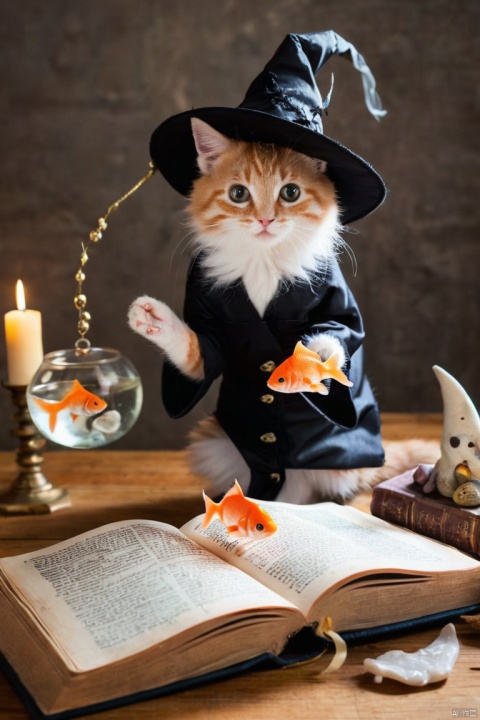 magic world, (kitten and fish:1.4), fish in the air, spell magic to get fresh fish as food,( fish jumping from magic book:1.3), energy flow, a full body of a cute kitten, kawaii, wearing witches robe, witches hat, holding magic book, magic book on one hand, spell magic, glowneon, glowing, (masterpiece, best quality, perfect composition, very aesthetic, absurdres, ultra-detailed, intricate details, Professional, official art, Representative work:1.3)