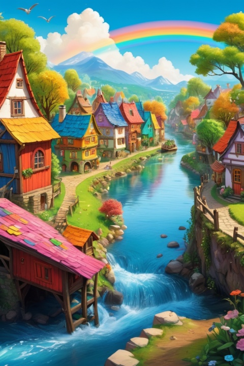 (Fairy Village, Fairy Tale Town:1.2), Richard Scarry, river made of rainbow, Colorful River, intricate, (best quality, masterpiece, Representative work, official art, Professional, unity 8k wallpaper:1.3)