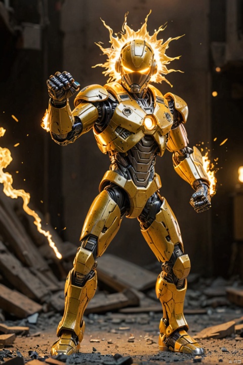 Mechanical Puppet, sci-fi, yellow hybrid orange, fighting stance, fist, hand up, angry, glowing, shine, dazzling, war, explosion in background, flame in background, outstretched arm, outstretched hand, (best quality, masterpiece, Representative work, official art, Professional, Ultra intricate detailed, 8k:1.3)