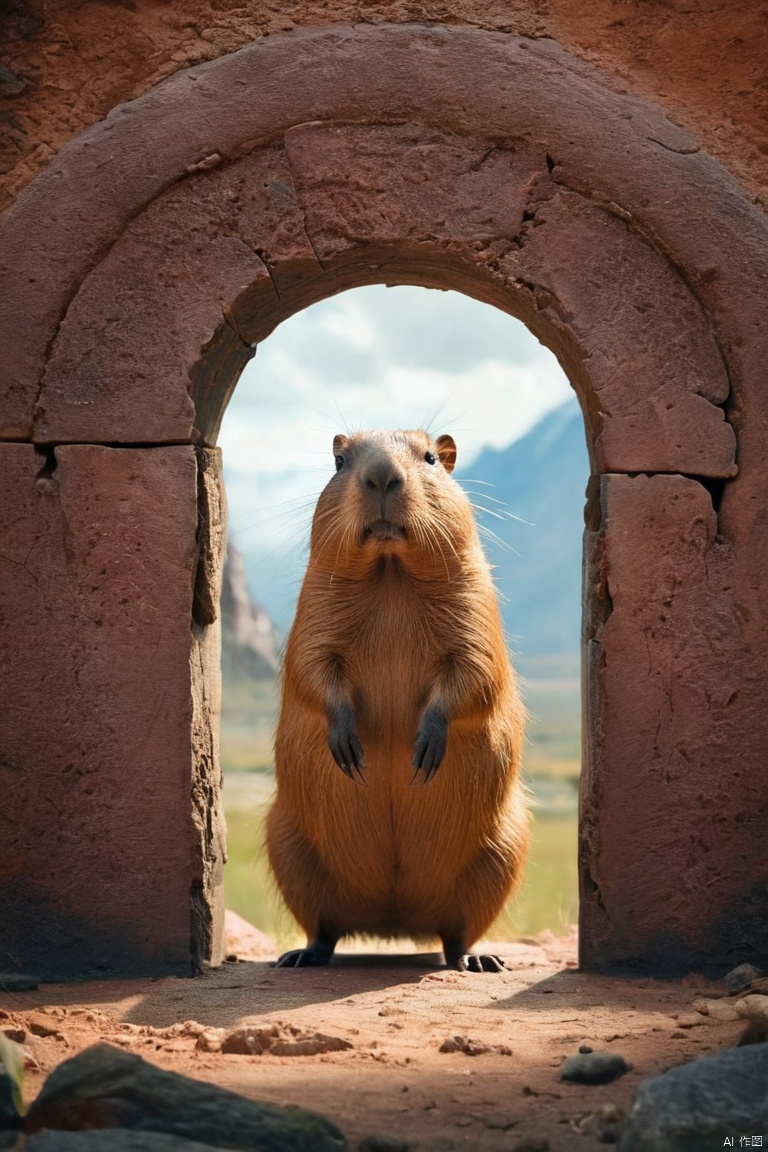  a capybara standing at the mouth of a portal, staring into a mythological realm, In the style of matte painting, Mountainous vistas of a realm full of mythological creatures, (masterpiece, best quality, perfect composition, very aesthetic, absurdres, ultra-detailed, intricate details, Professional, official art, Representative work:1.3)