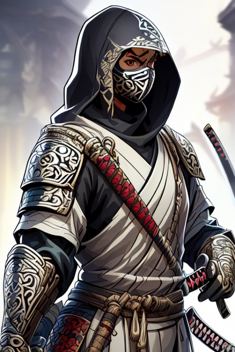 ninja, 1boy, solo, looking at viewer, gloves, male focus, black gloves, sword, hood, armor, mask, katana, shoulder armor, mouth mask, japanese armor, (masterpiece, best quality, perfect composition, very aesthetic, absurdres, ultra-detailed, intricate details, Professional, official art, Representative work:1.3)