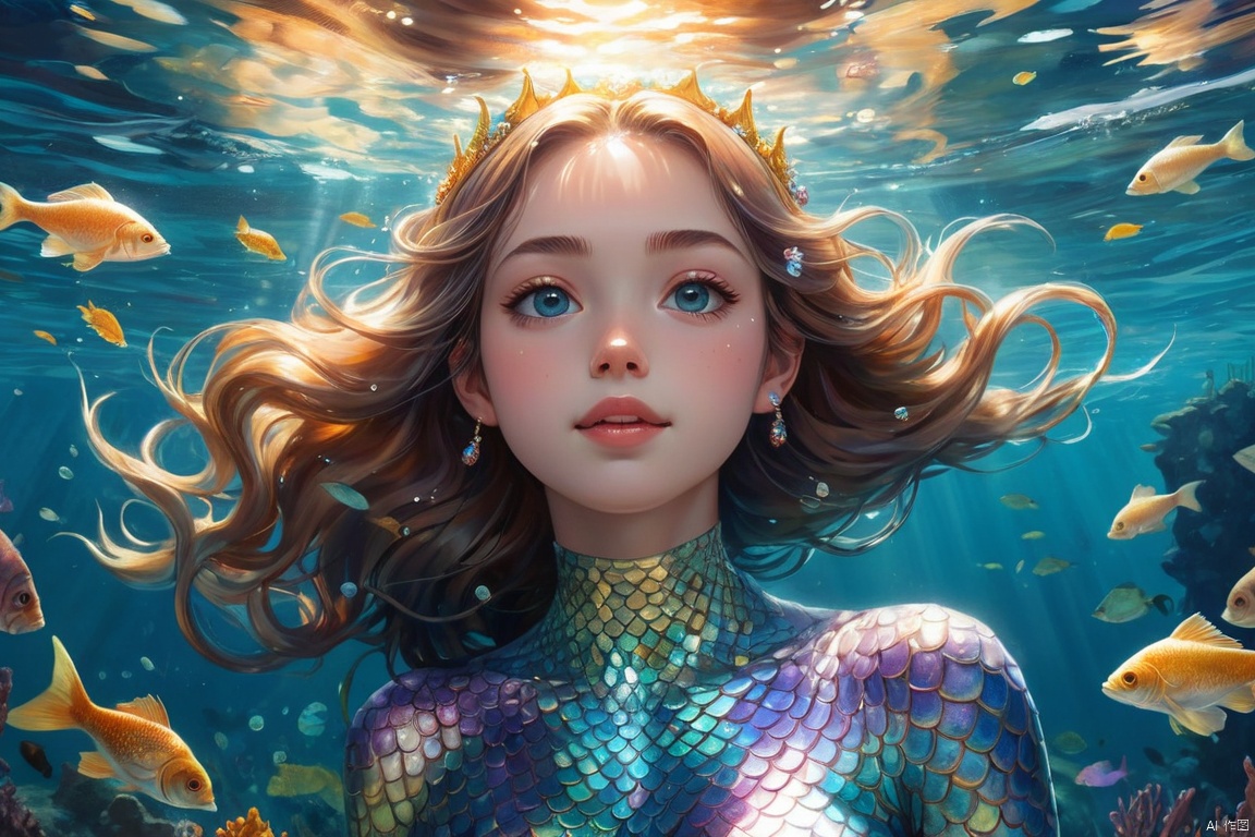 A captivating, photorealistic anime illustration of a legendary mermaid princess gracefully swimming under the ocean. She wears a luxurious turtleneck attire adorned with dazzling jewels and ornaments, including a small crown. Her iridescent scales shimmer in the water, reflecting the sunlight that filters through the ocean's surface. A school of colorful fish swims nearby, creating a mesmerizing effect. The mermaid princess has long, wavy hair and big, gorgeous eyes, accompanied by a kind smile. Her gaze is captured by the fish swimming away, and her body language exudes happiness. The Tyndall effect enhances the underwater atmosphere, making the image ethereal and enchanting, illustration, anime, (masterpiece, best quality, perfect composition, very aesthetic, absurdres, ultra-detailed, intricate details, Professional, official art, Representative work:1.3)