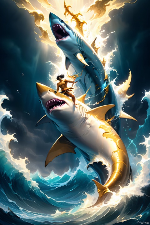 a sea god riding a shark,mythology,divine power, majestic ocean waves, golden trident, shimmering scales,dynamic pose,stormy atmosphere,rippling muscles,endless horizon,oceanic realm,intense gaze,strong current,living force,dreadnought shark partner, (by Miki Asai), (best quality, masterpiece, Representative work, official art, Professional, 8k:1.3)
