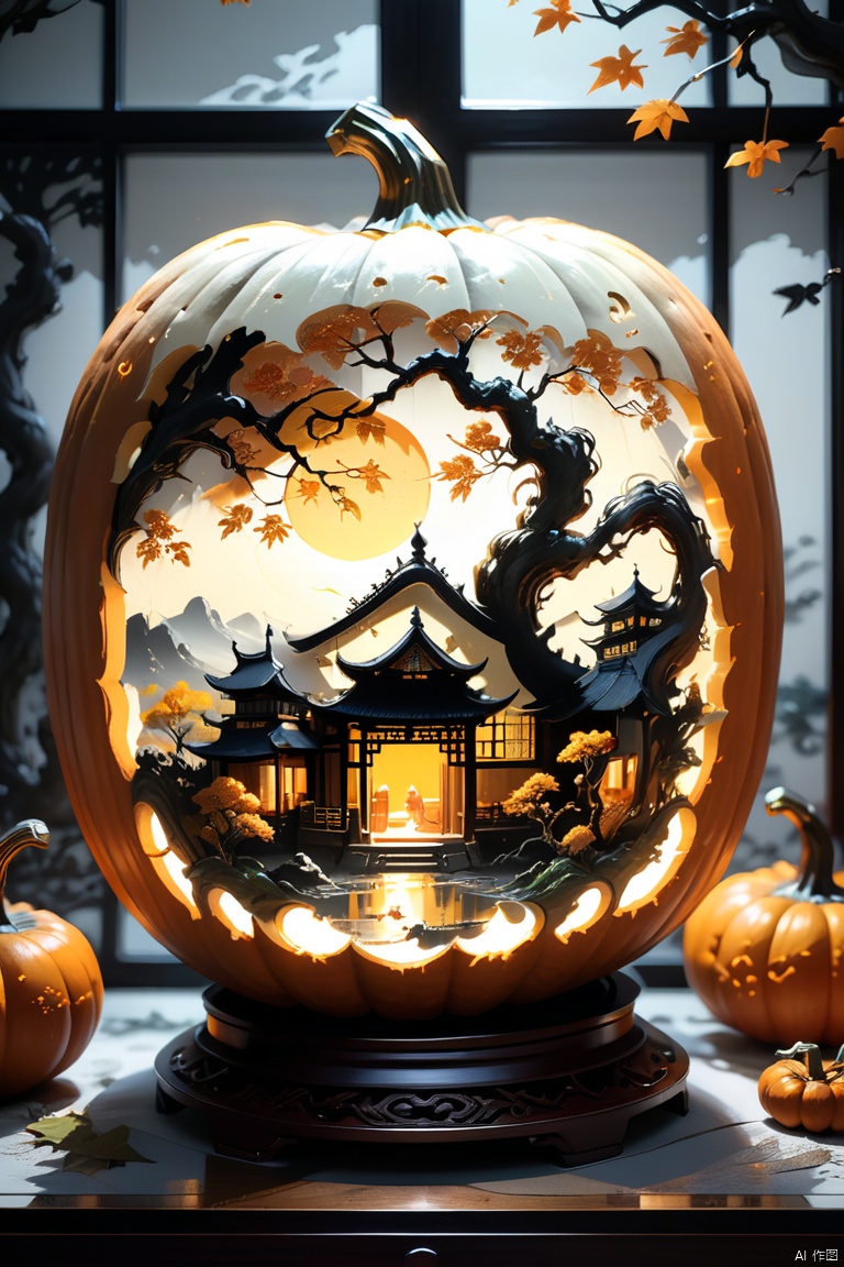 pumpkin lantern, Carve pumpkins artwork, Art and intricate design, The work of skilled craftsmen, beautiful Chinese style, elegant, fantasy art, magic, table decorations, Light outside the window, moonlight, by Katsuhiro Otomo and Yoji Shinkawa, octane render, (best quality, masterpiece, Representative work, official art, Professional, 8k:1.3)